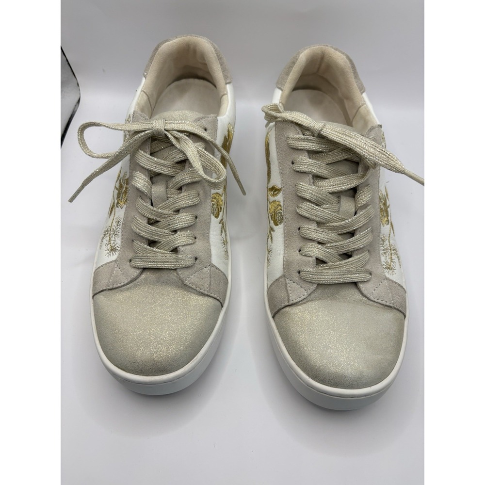 JOHNNY WAS Embroidered Leather Sneakers Vixie Floral Gold Gray - Size 9 White - Picture 2 of 12